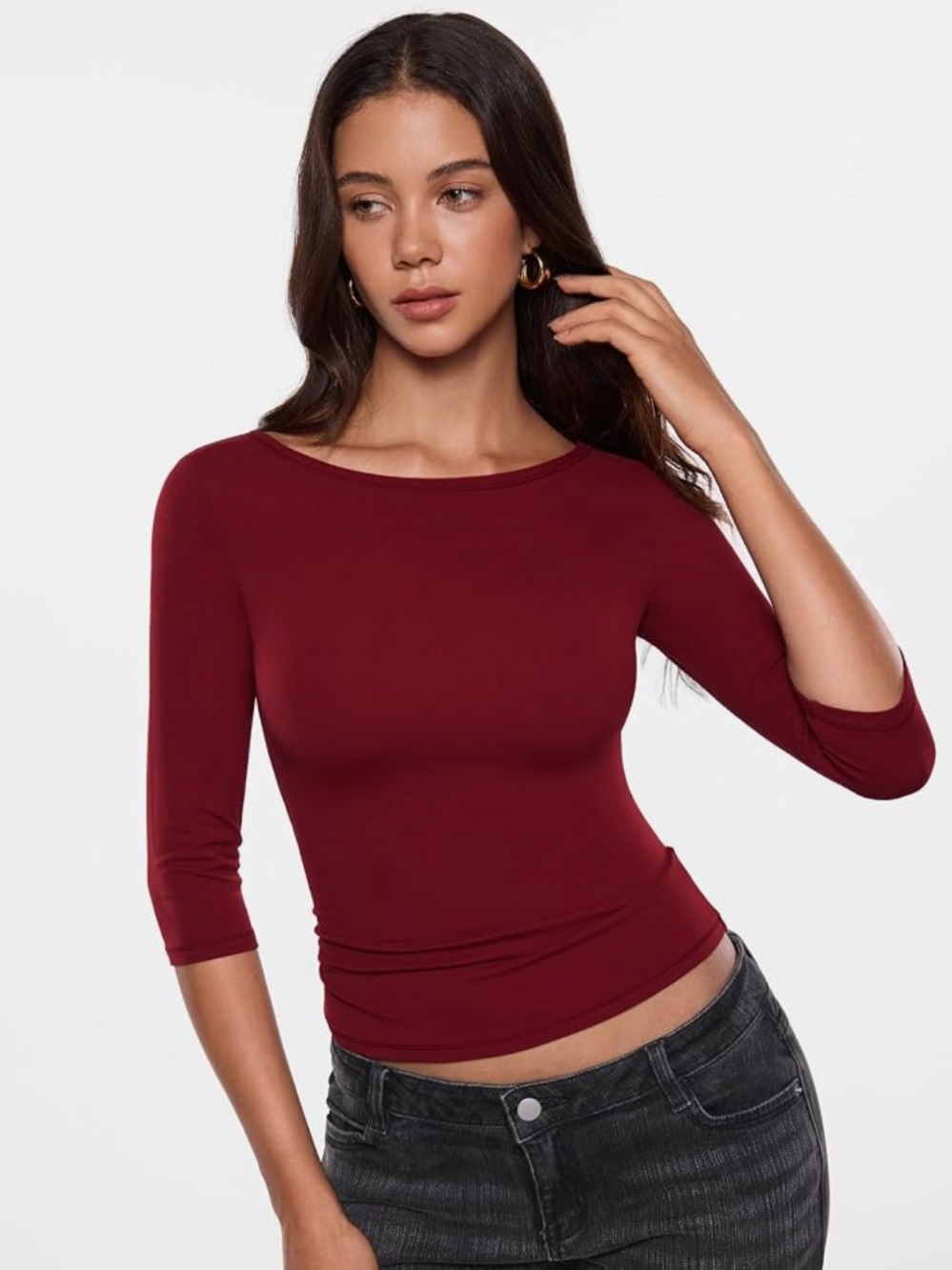 NWT INLYRIC Women's Boat Neck 3/4 Length Sleeve Tops Red